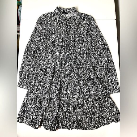 Tally Weijl Bohemian Black Ditsy Long Puff Sleeve Mini Smock Dress Size M - Picture 1 of 14